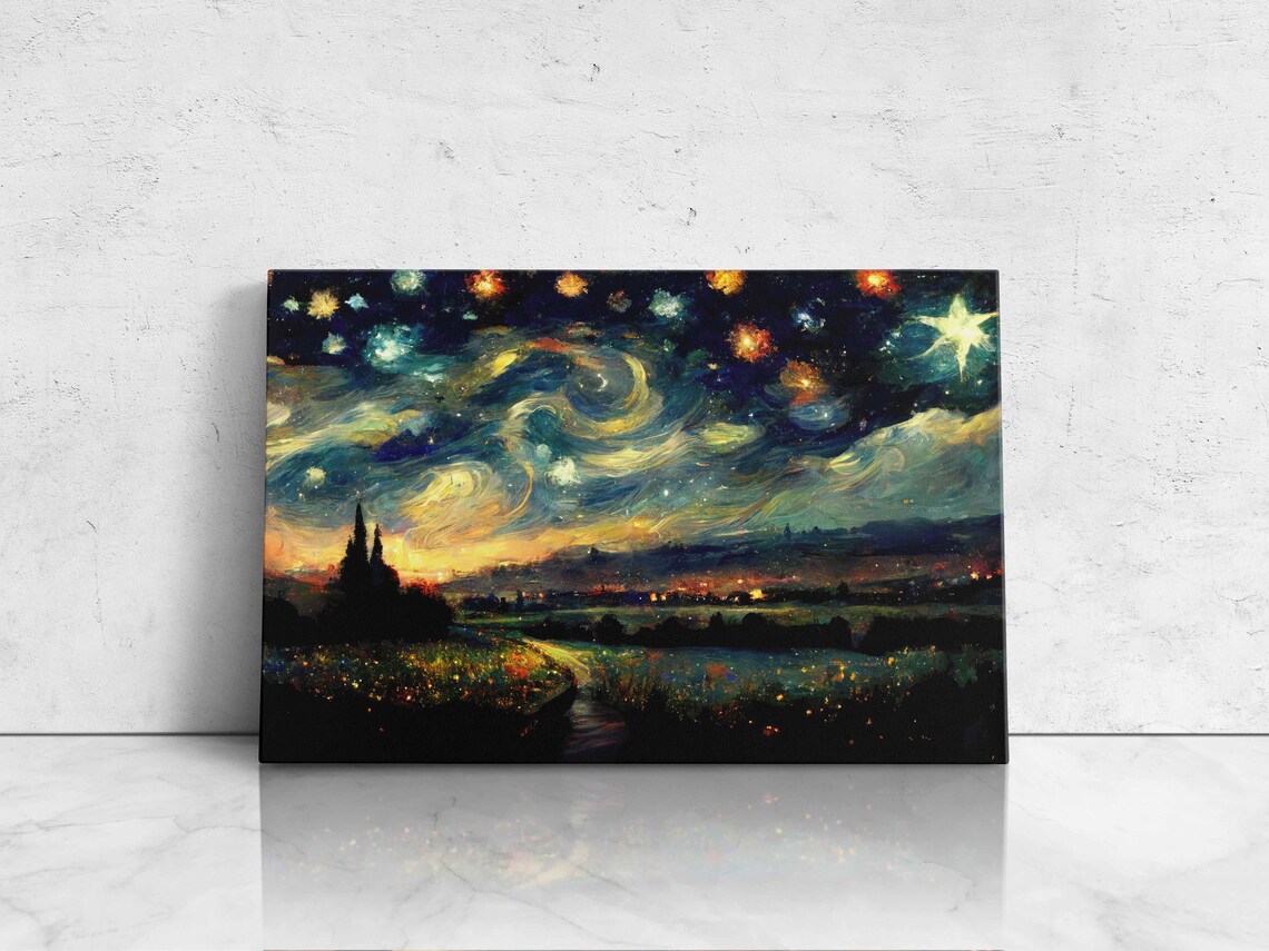 Starry Night Sky Swirling Stars Over Countryside Impressionist Art Poster - Image 4