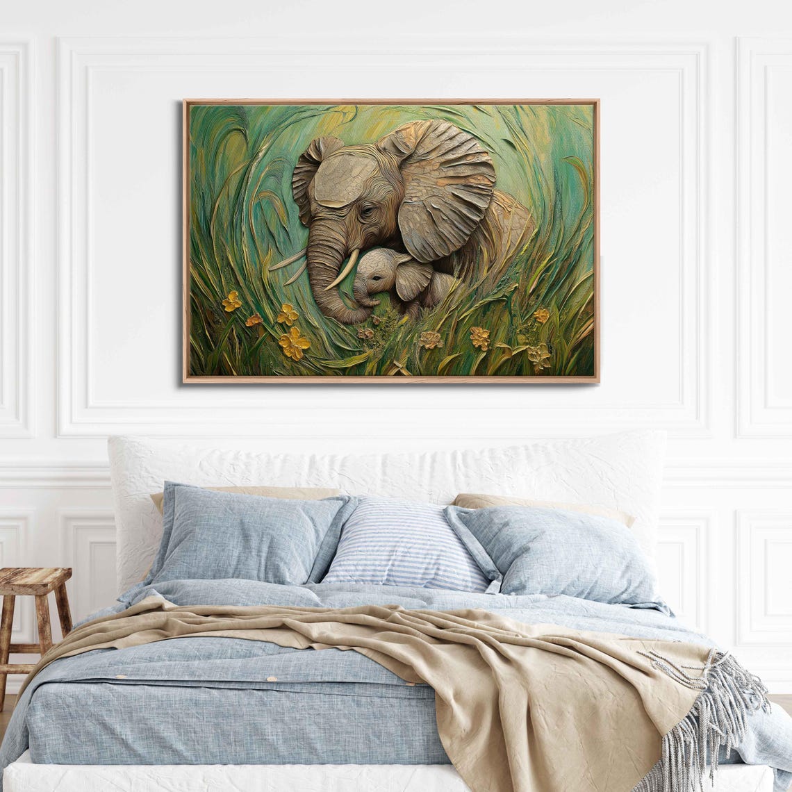 Mother Elephant Nurturing Her Calf Wall Art Print Lush Green Savanna Dynamic Brushwork - Image 3