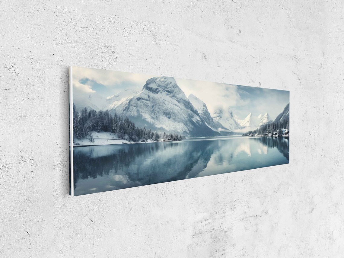 Serene Lakeside Vista Panoramic Wall Art Lake And Snowy Mountains Framed Print Ready To Hang - Image 4