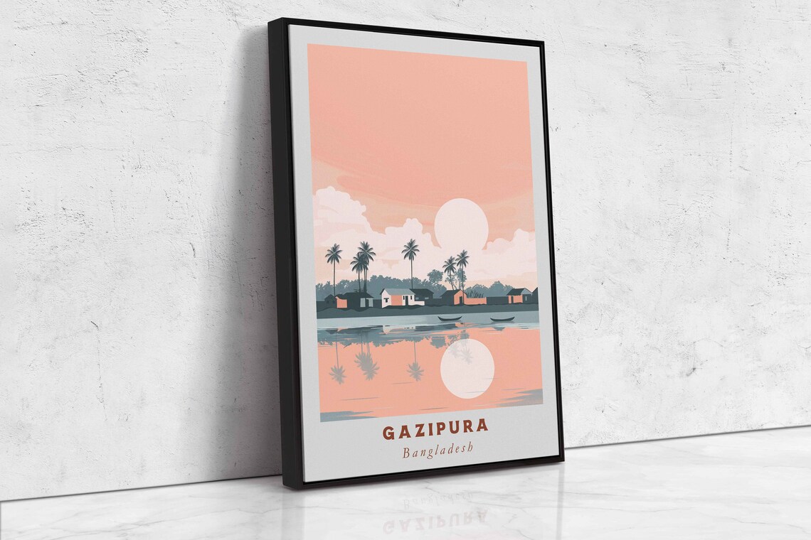 Gazipura Bangladesh Waterfront Village Palm Trees Sunset Travel Poster - Image 2