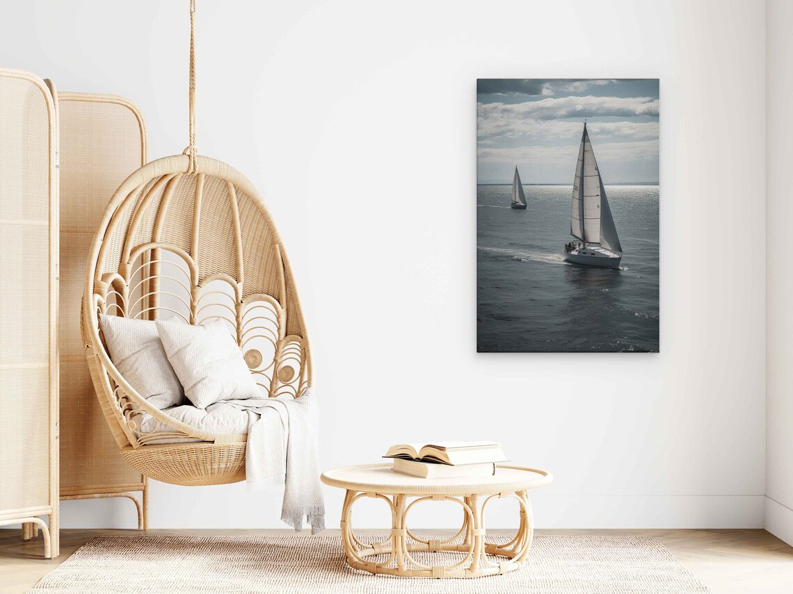 Sailboats Gliding On Open Ocean Cloudy Sky Photorealistic Travel Poster - Image 3