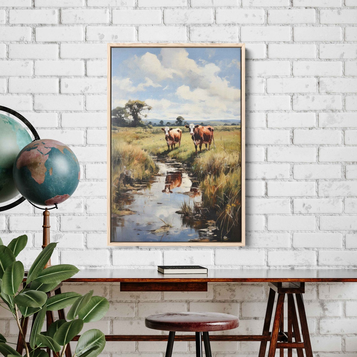 Brown Cows By Sunny Stream Pasture Reflections Countryside Art Poster - Image 3