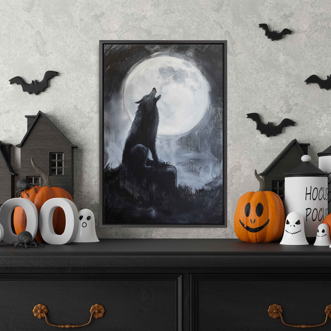 Wolf Howling At Full Moon Black And White Acrylic Painting Poster - Image 3