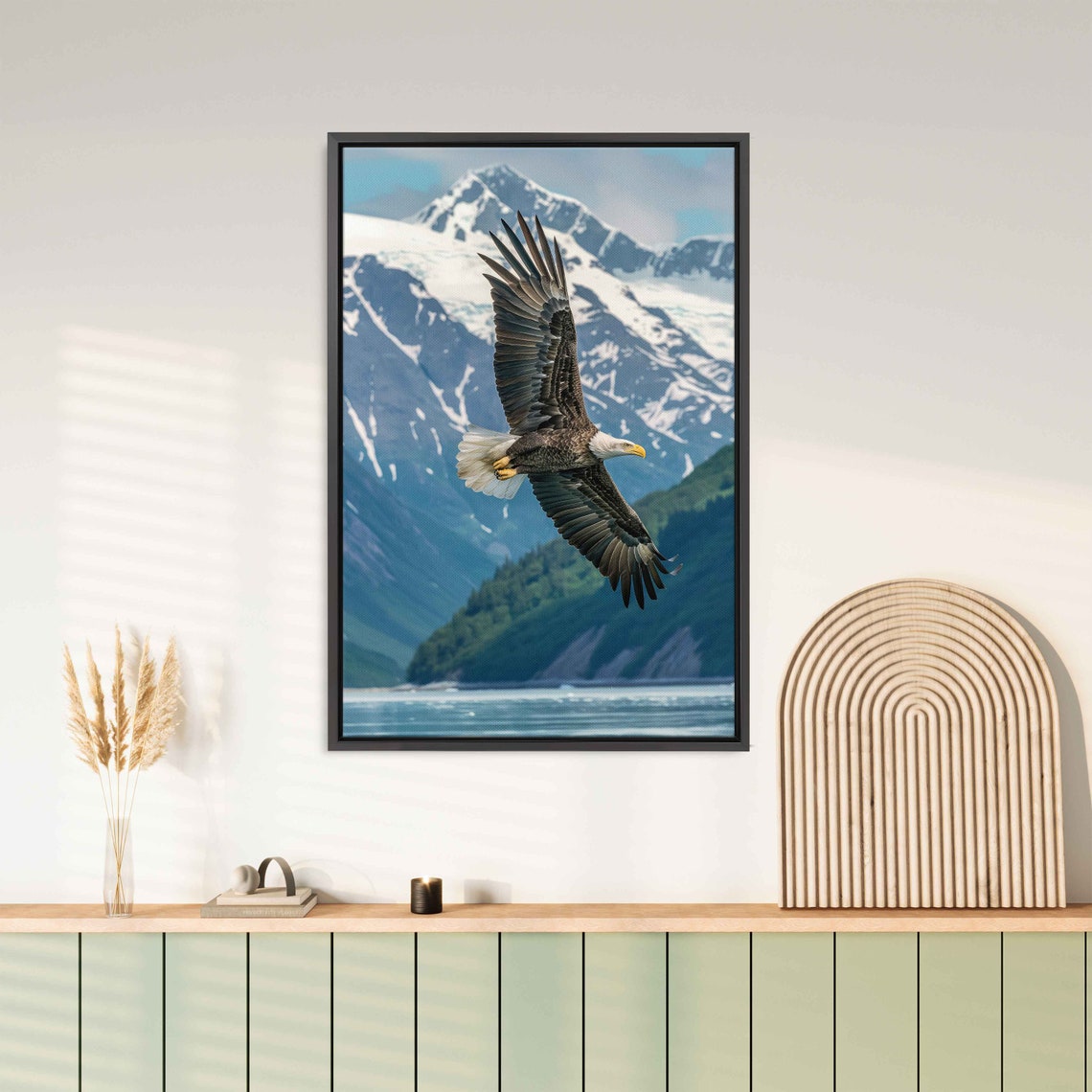 Majestic Bald Eagle Soaring Over Mountain Lake Snowy Peaks Wall Poster