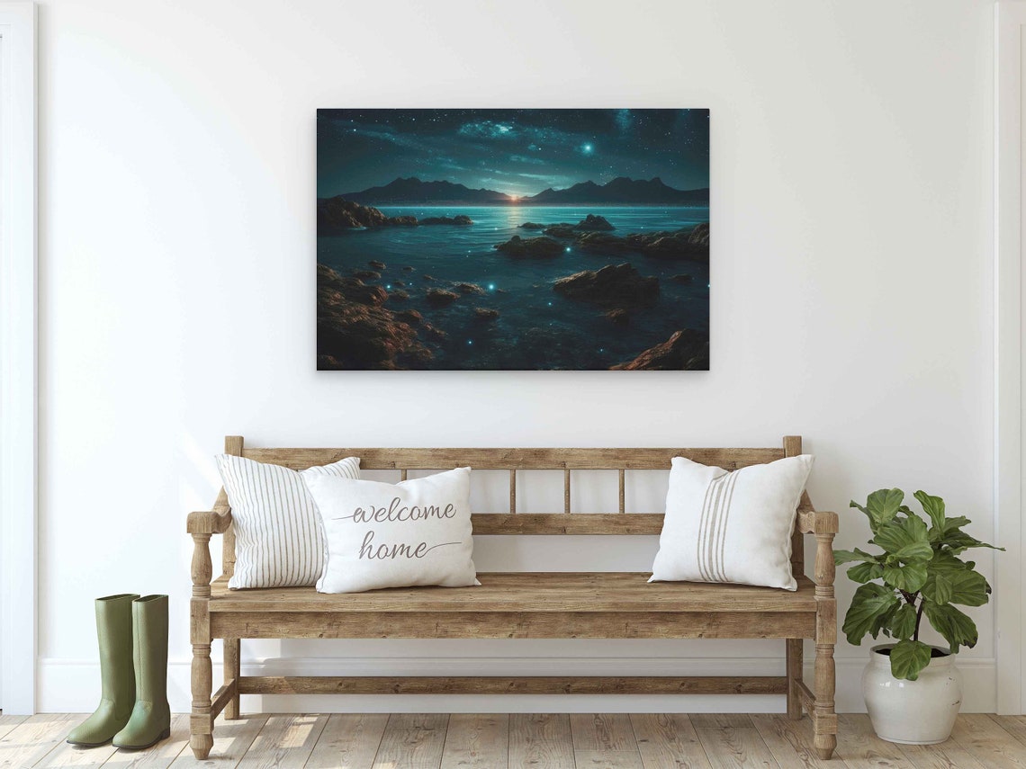 Dreamy Night Beach Turquoise Water Stars Rocky Shore Art Poster - Image 2