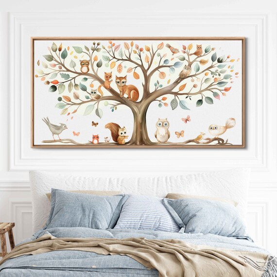 Tree Of Life Watercolor Painting Vibrant Color Animal Variety Wall Art Print Ready To Hang