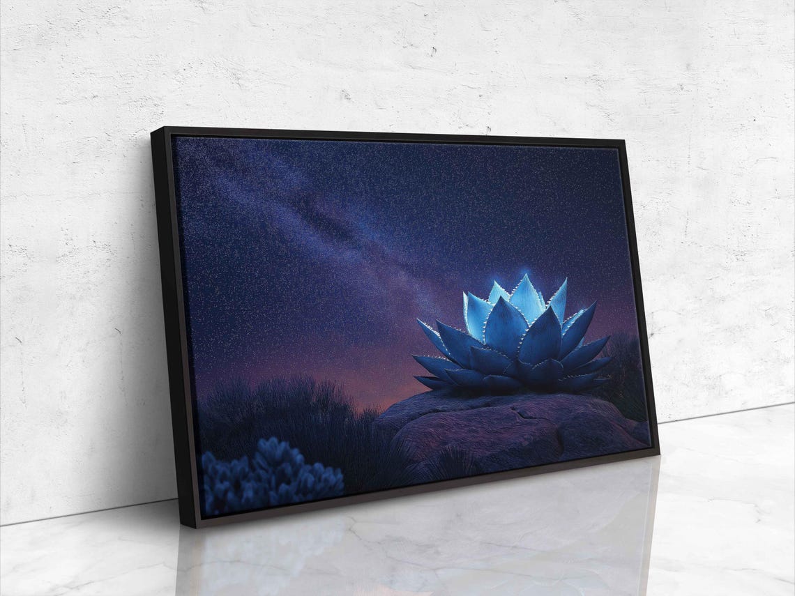 Glowing Blue Agave On Rock Under Milky Way Night Sky Art Poster - Image 4