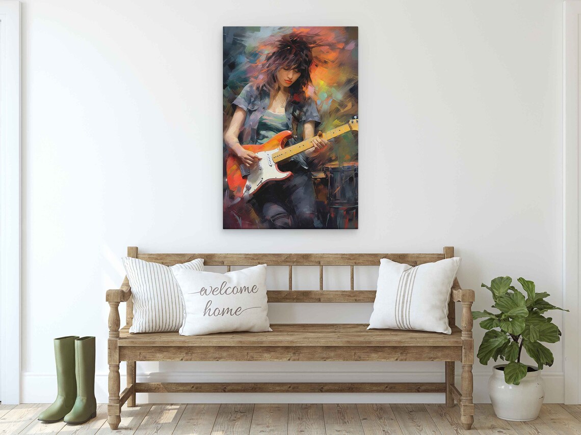 Woman Playing Electric Guitar Painterly Female Rockstar Musician Art - Image 2
