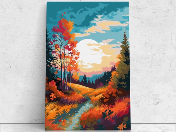 Stunning Fall Pop Art Sunset Landscape Illustration On Beautiful Bright Colors With Frame Options Ready To Hang