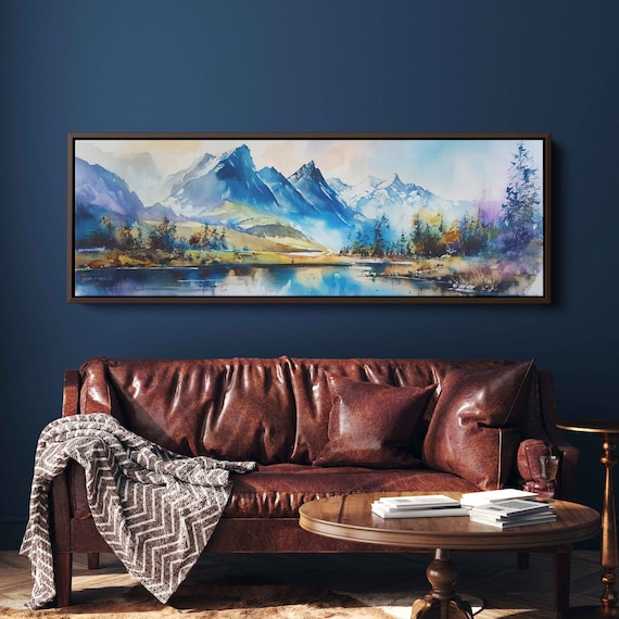 Panoramic Watercolor Snowy Mountain Range Wall Art Print Peaceful Nature Landscape Ready To Hang
