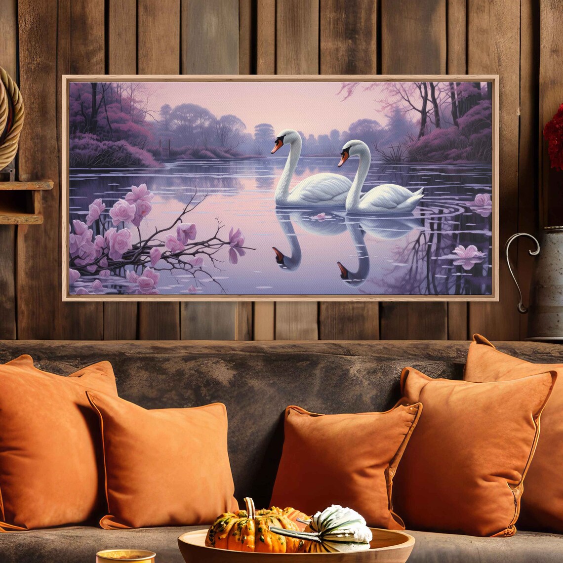 Two White Swans Pink Blossom Pond Purple Mist Romantic Art Poster - Image 2