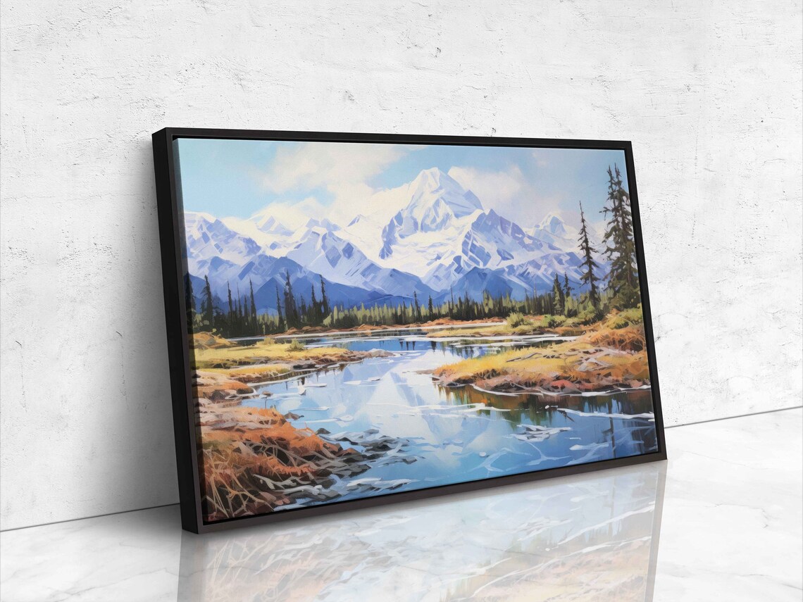 Snowcapped Mountain Range Golden Autumn River Valley Painting Wall Poster - Image 4