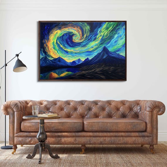 Stunning Northern Lights In Sky Over Mountain Range Acrylic Wall Art Print Van Gogh Inspired Starry Night Sky Ready To Hang