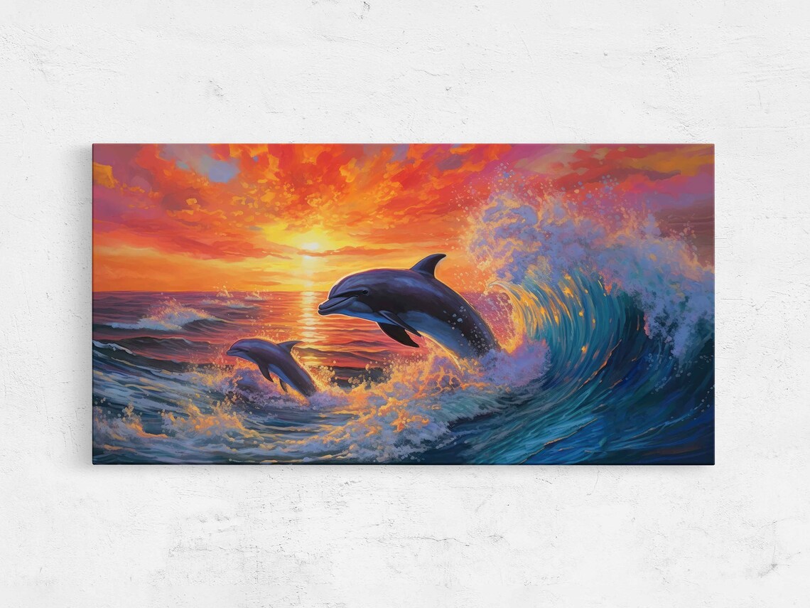 Dolphins at Sunset, Ocean Waves Wall Art Print