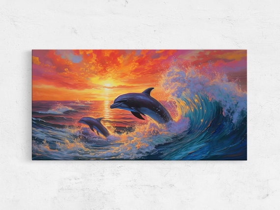 Dolphins at Sunset, Ocean Waves Wall Art Print