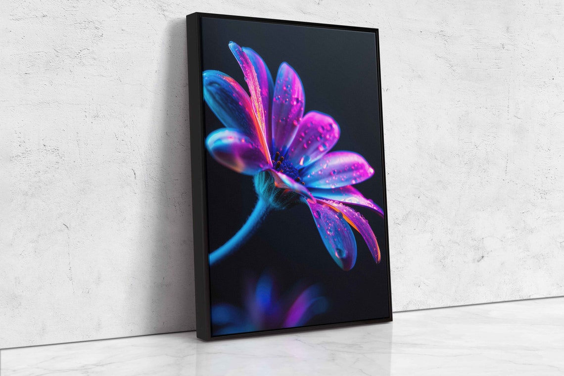 Magenta Daisy Dewdrops Neon Macro Flower Black Background Poster - Image 4