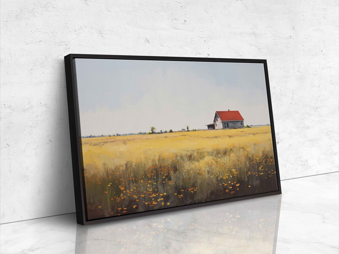 Golden Field Red Roof Farmhouse Wildflowers Country Sunset Poster - Image 4