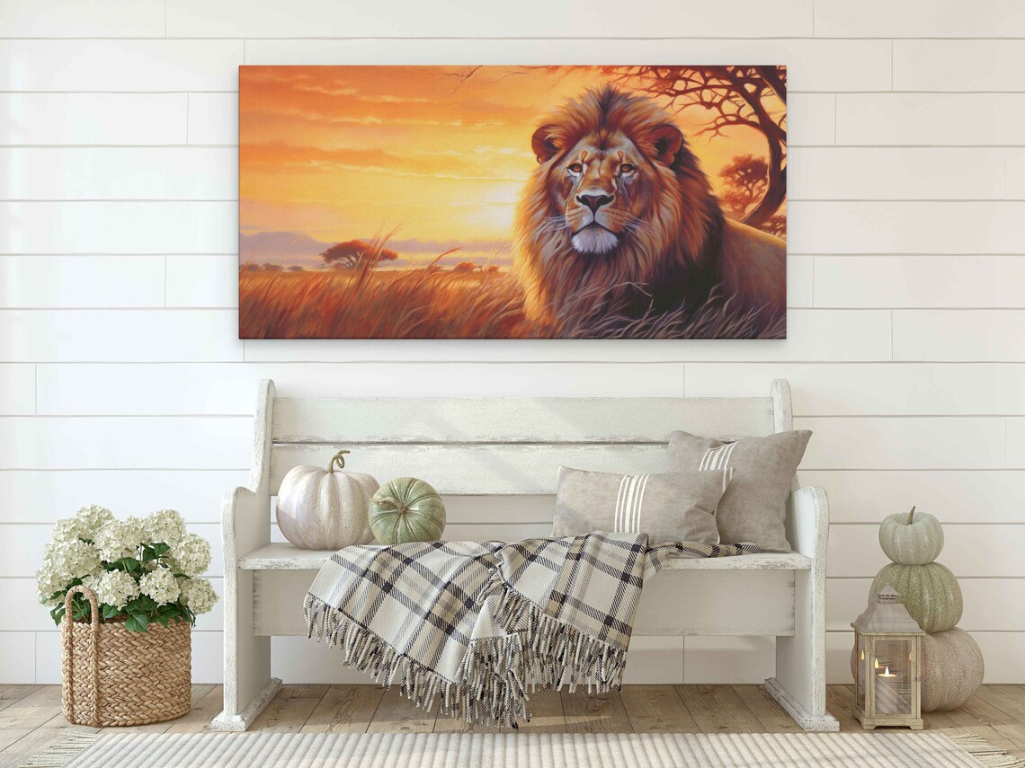 Male Lion Portrait Golden Grass Sunset Glow African Wildlife Wall Art - Image 2