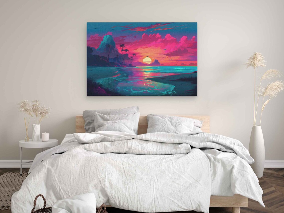 Neon Vaporwave Beach Sunset Pink Sky Palms And Mountains Illustration Print - Image 3