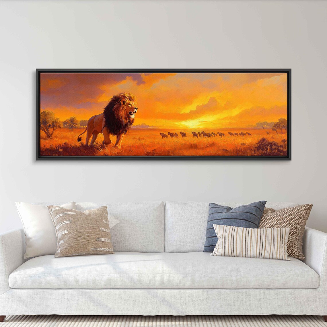 Majestic Lion Roaring Sunset Savanna Elephant Herd Panoramic Art Poster - Image 3
