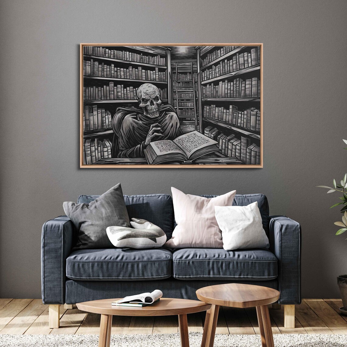 Hooded Skeleton Reading Big Book At Desk In Dark Library Ink Art Poster