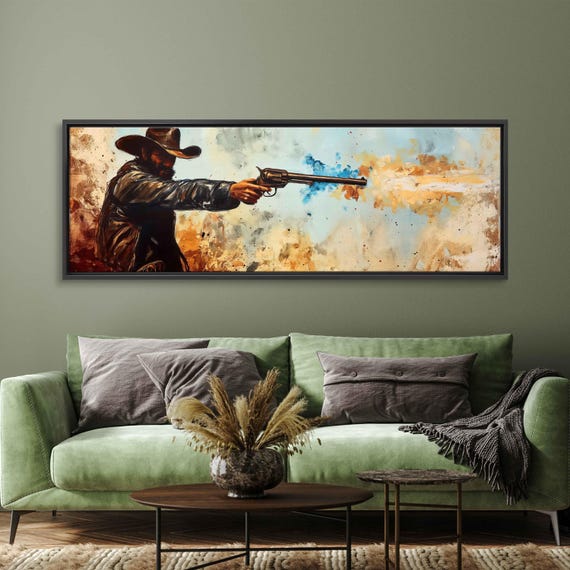 Vintage Cowboy Shooting His Revolver Acrylic Wall Art Print Western Scene Country Wall Art Ready To Hang