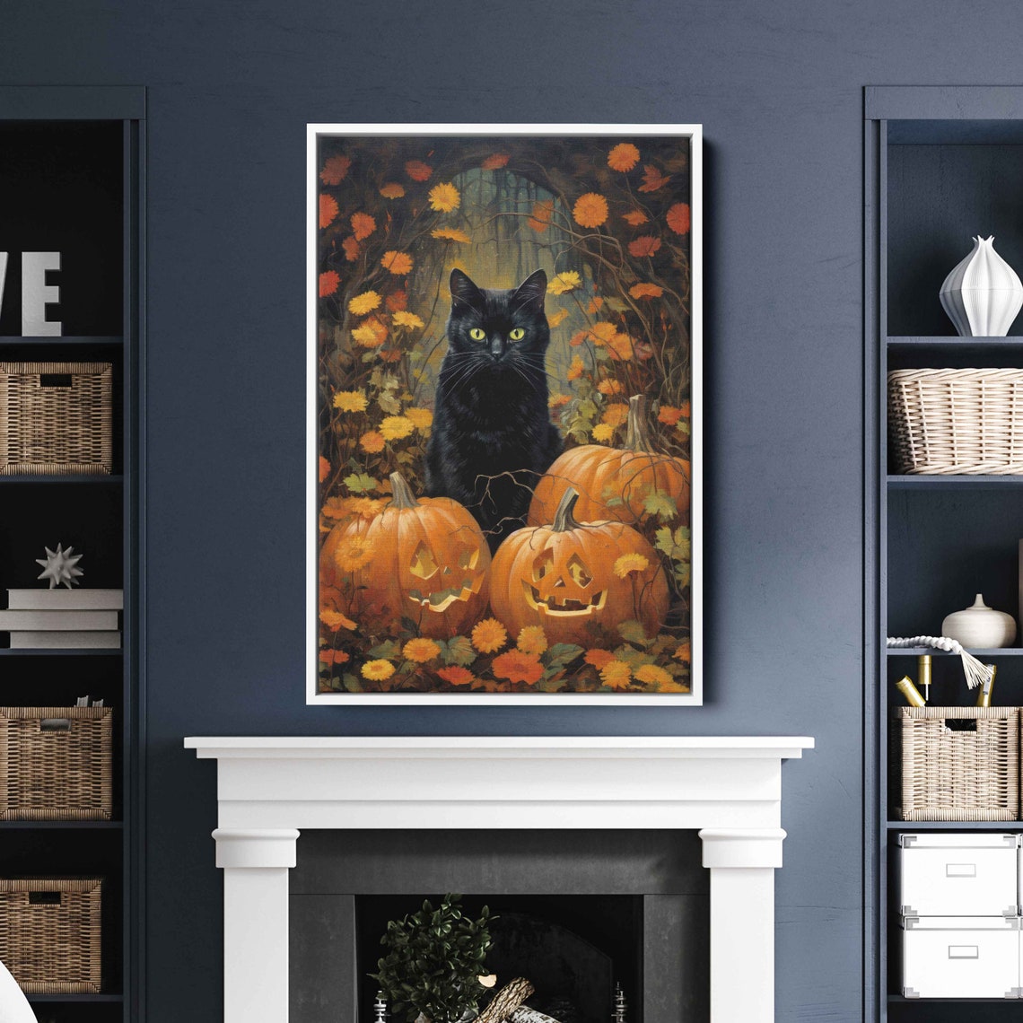 Halloween Black Cat With Pumpkins Autumn Garden Fall Floral Print - Image 2