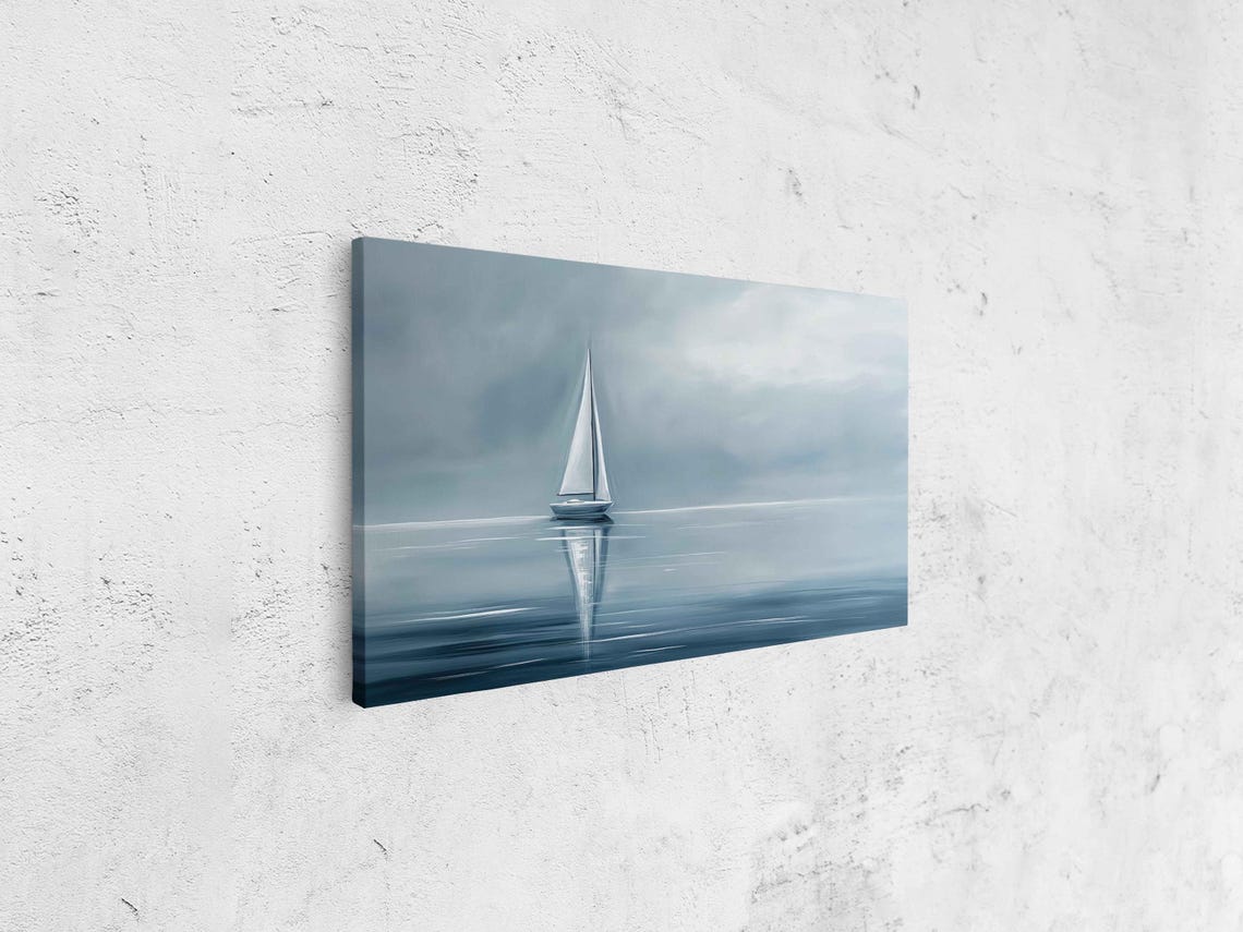 Sailboat Reflection On Misty Gray Blue Water Nautical Poster - Image 4