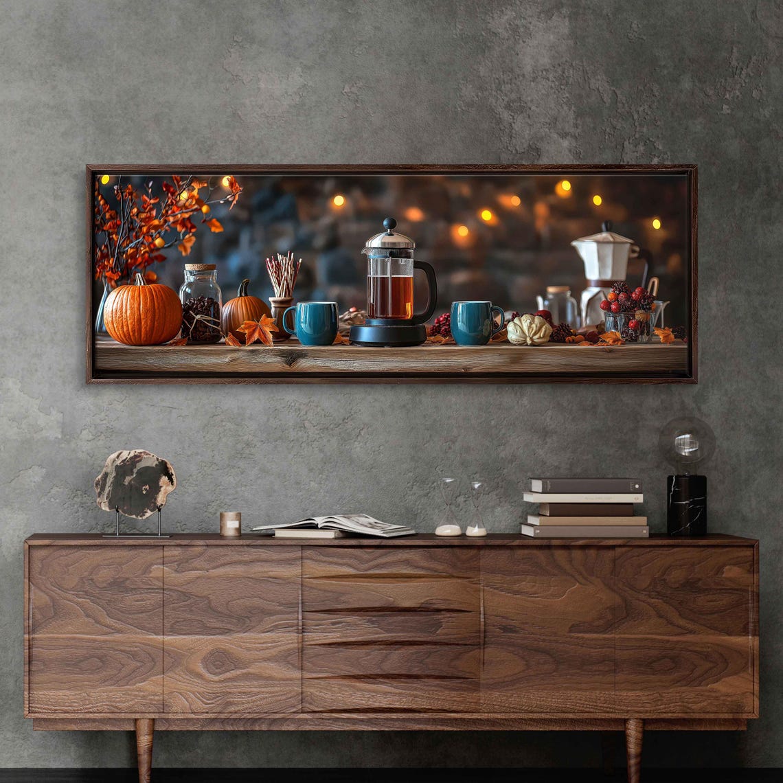 Cozy Coffee Table Still Life French Press Pumpkins Autumn Leaves Print