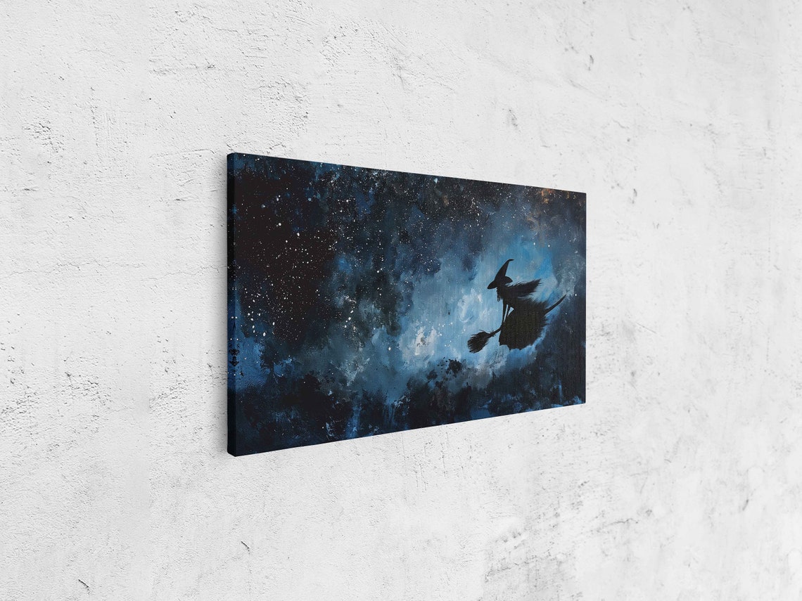 Witch Flying On Broomstick Across Starry Night Sky Painting Poster - Image 4