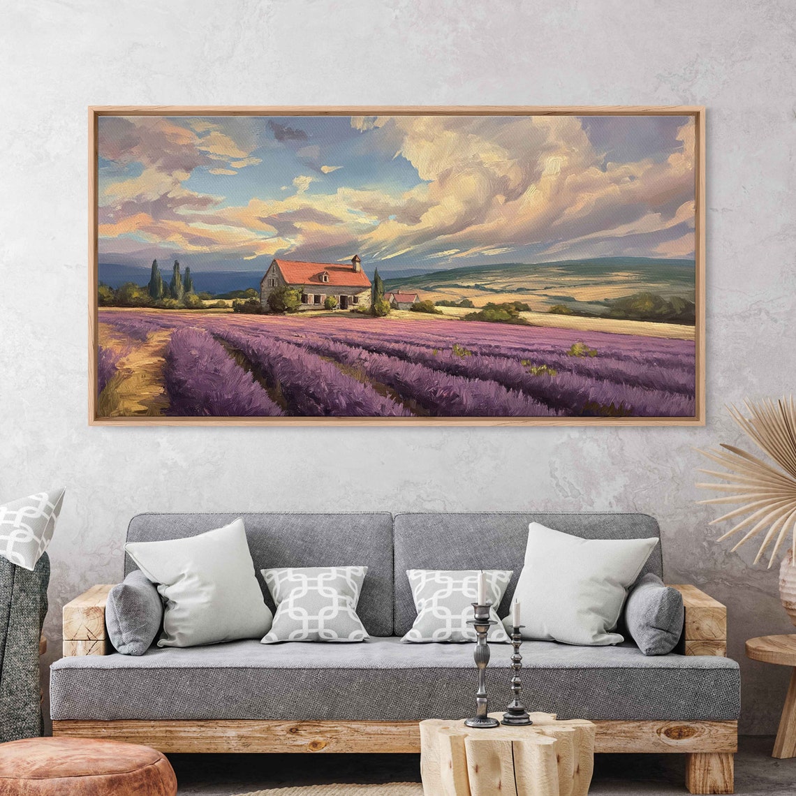 Lavender Field Farmhouse Purple Rows Golden Cloudy Sky Art Poster