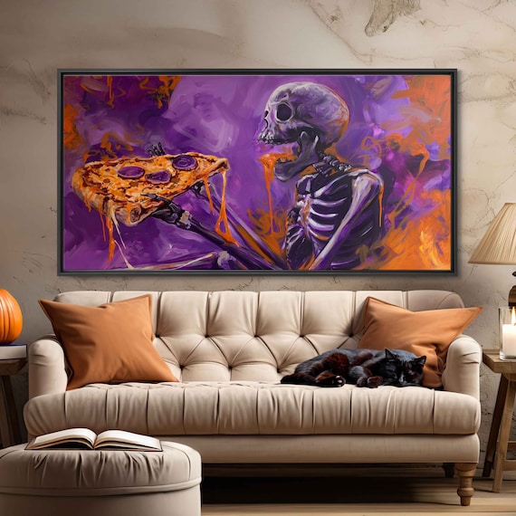 Skeleton Eating Pizza Slice Vibrant Purple Orange Halloween Wall Art