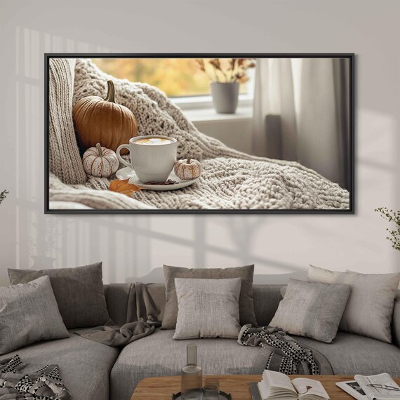 Coffee Cup With Pumpkins On Knit Blanket Cozy Autumn Photo Print