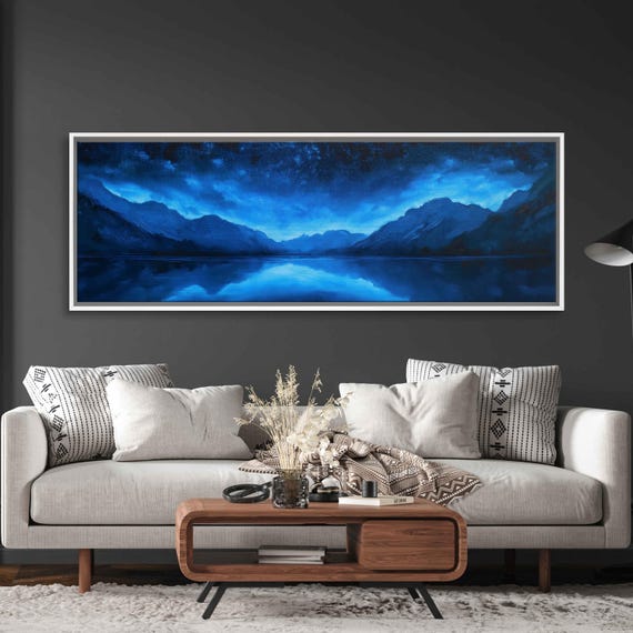 Tranquil Mountain Lake Wall Art Print Night Sky Blue And Silver Shades Acrylic Painting