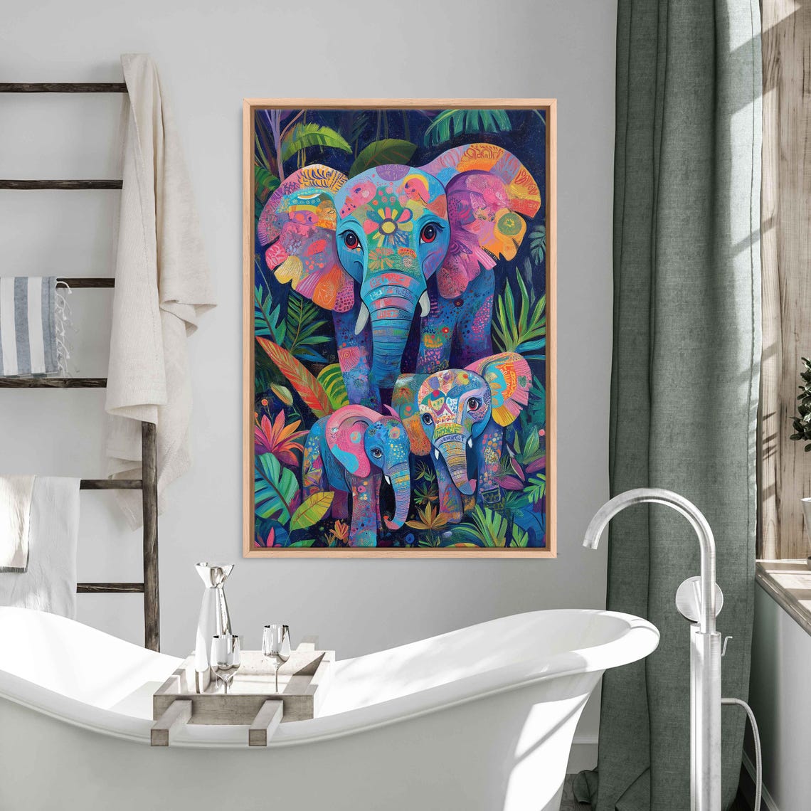 Mother Elephant Two Calves Colorful Patterned Jungle Night Art Print - Image 3