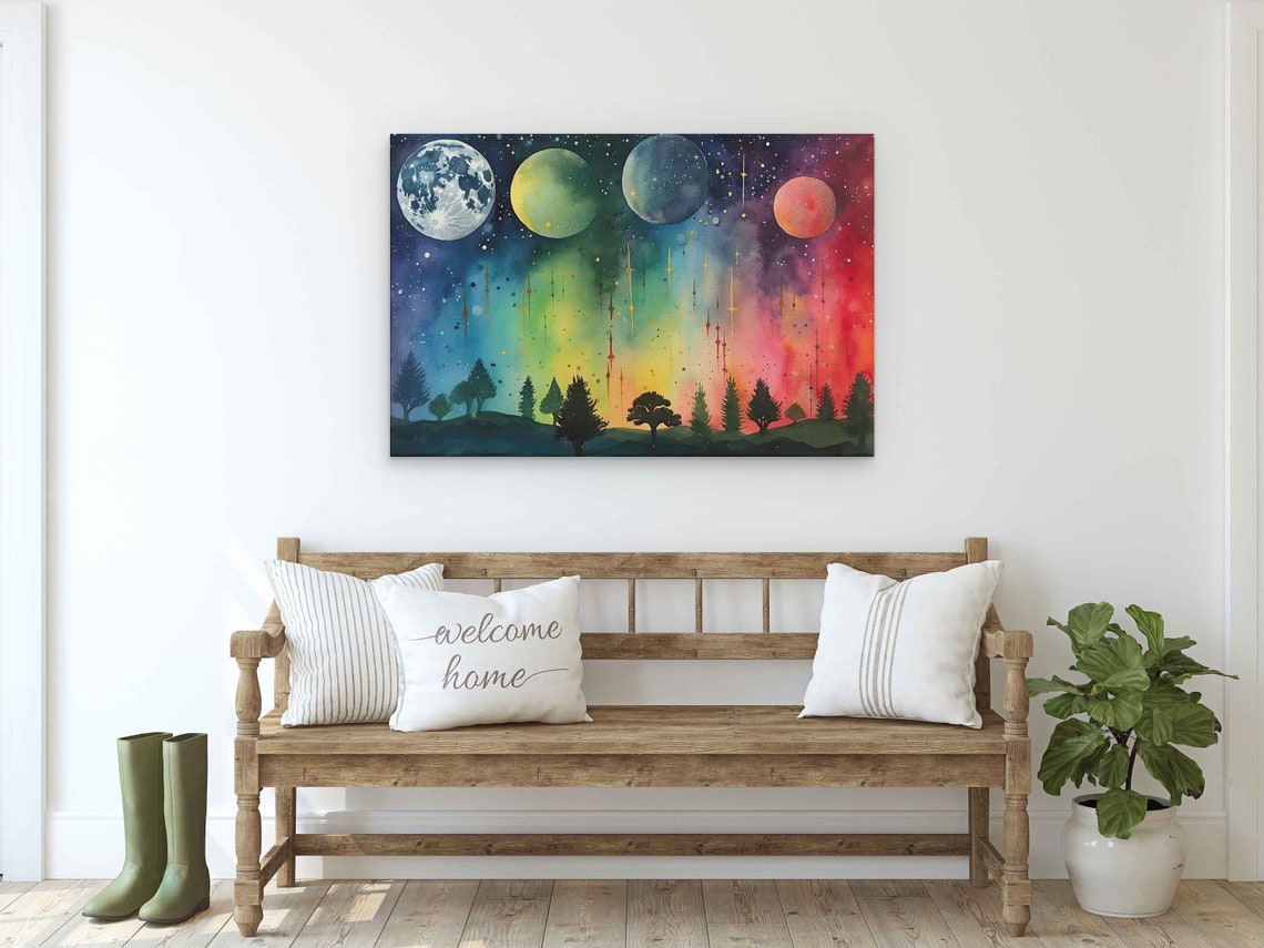 Celestial Night Sky Four Planets Aurora Rainbow Trees Watercolor Print - Image 2