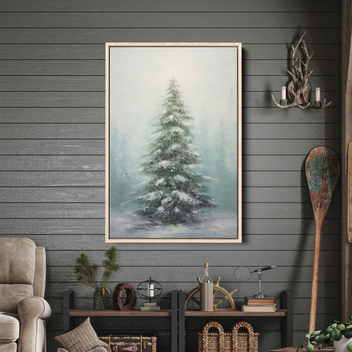 Snowy Evergreen Tree Winter Mist White Christmas Forest Poster