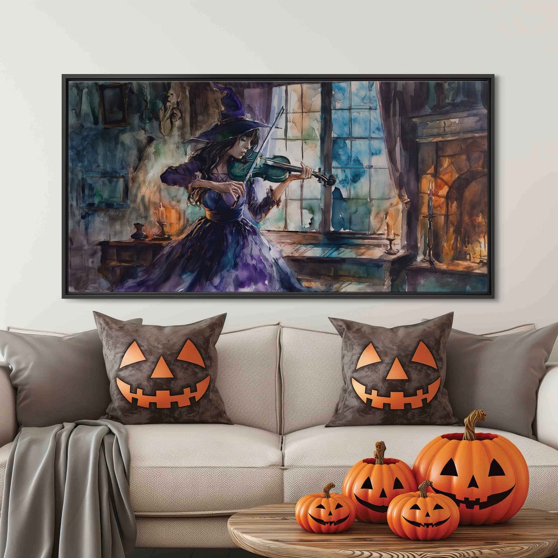 Beautiful Witch Playing Violin Cozy Fireplace Room Watercolor Poster - Image 3