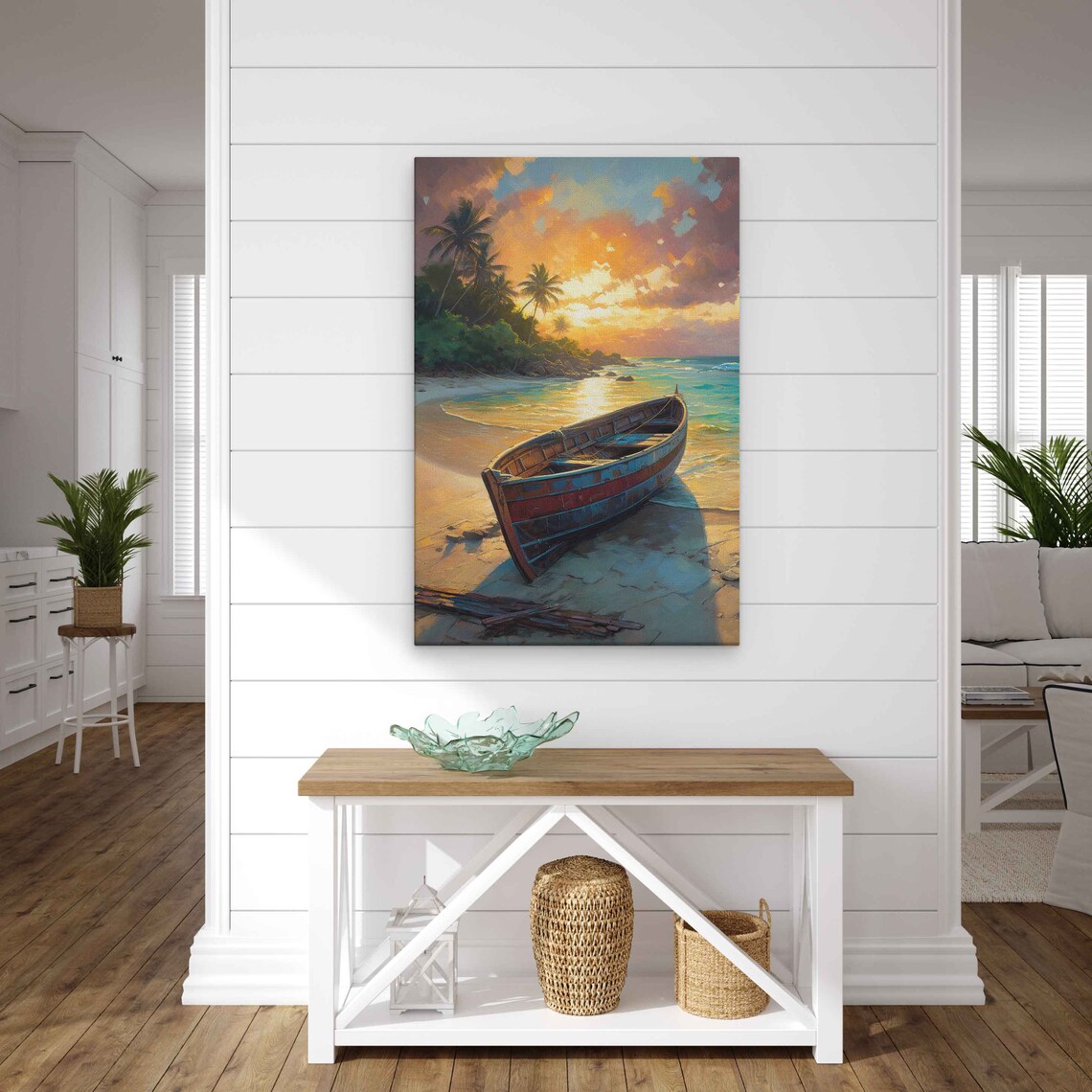 Wooden Fishing Boat On Beach At Sunrise Palms Tropical Painting Poster - Image 2