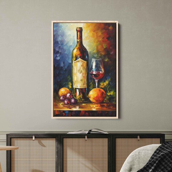 Wine Bottle Glass Red Wine Grapes Still Life Colorful Oil Painting Art Print