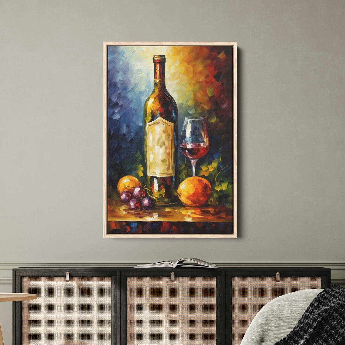 Wine Bottle Glass Red Wine Grapes Still Life Colorful Oil Painting Art Print