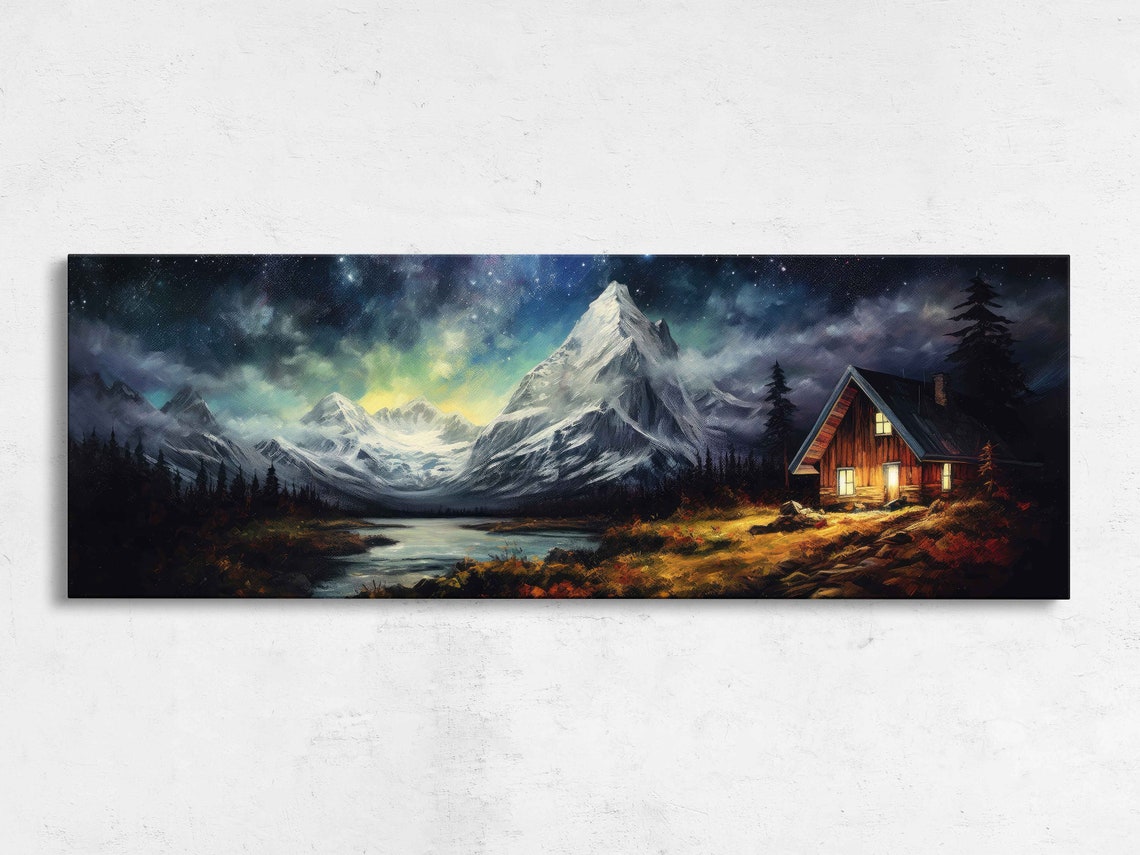 Lakeside Cabin at Night Glowing Windows Snowy Peaks Aurora Poster