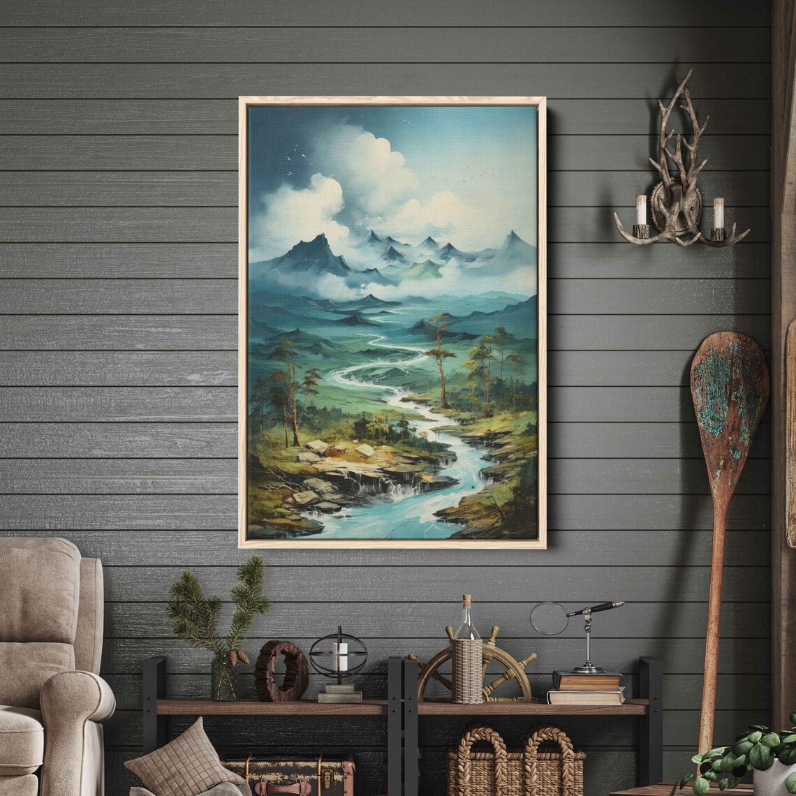 Cloudy Mountain River Valley Print On Ready To Hang - Image 2