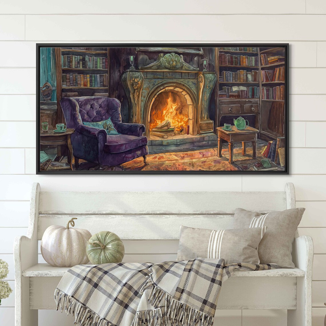Cozy Witches Library With Fireplace And Purple Armchair Watercolor Poster - Image 3