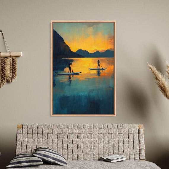 Paddleboarders At Sunset Wall Art Print Vibrant Oil Painting Calm Bay Atmosphere