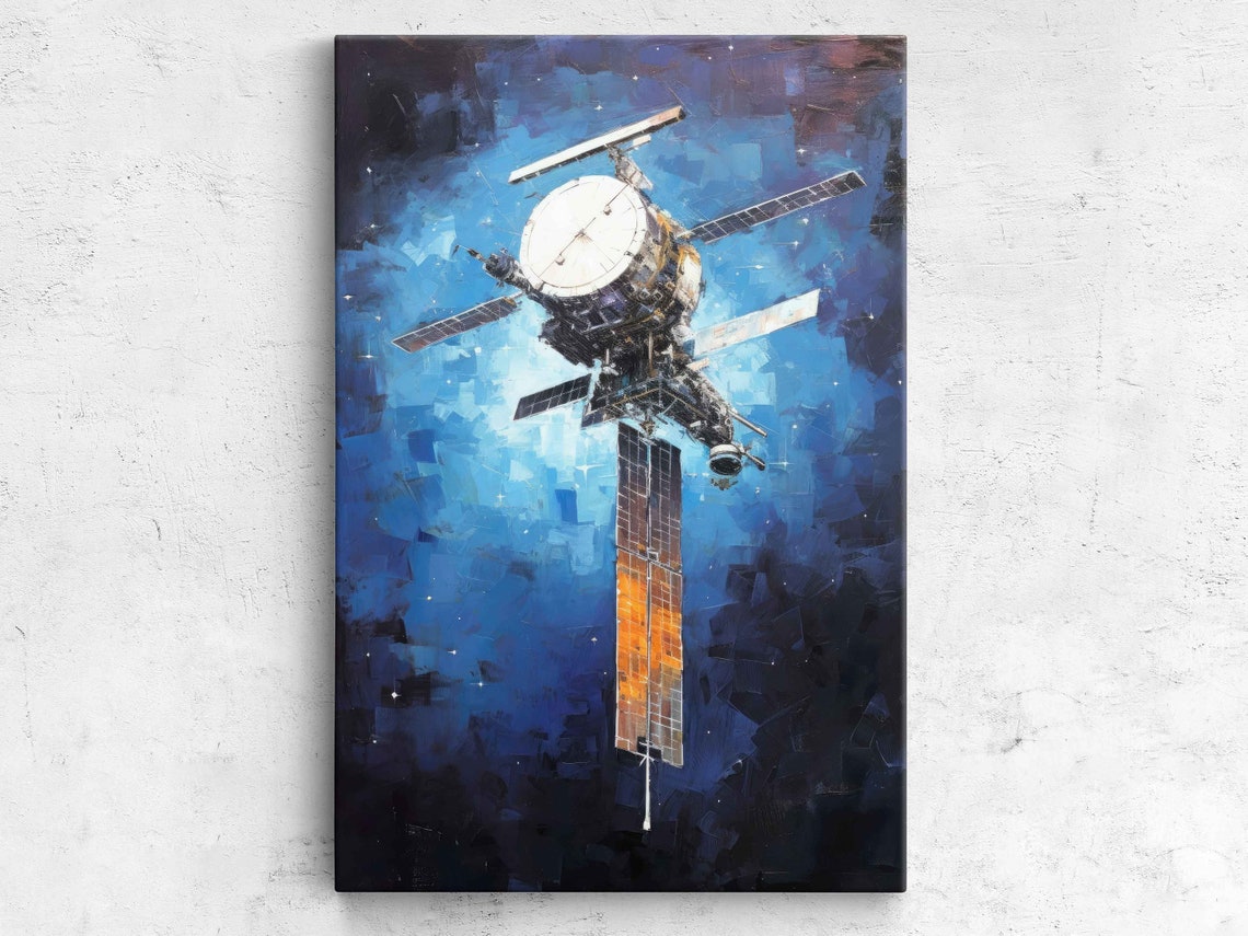 Space Station Orbiting Blue Starry Cosmos Oil Painting Space Art Print
