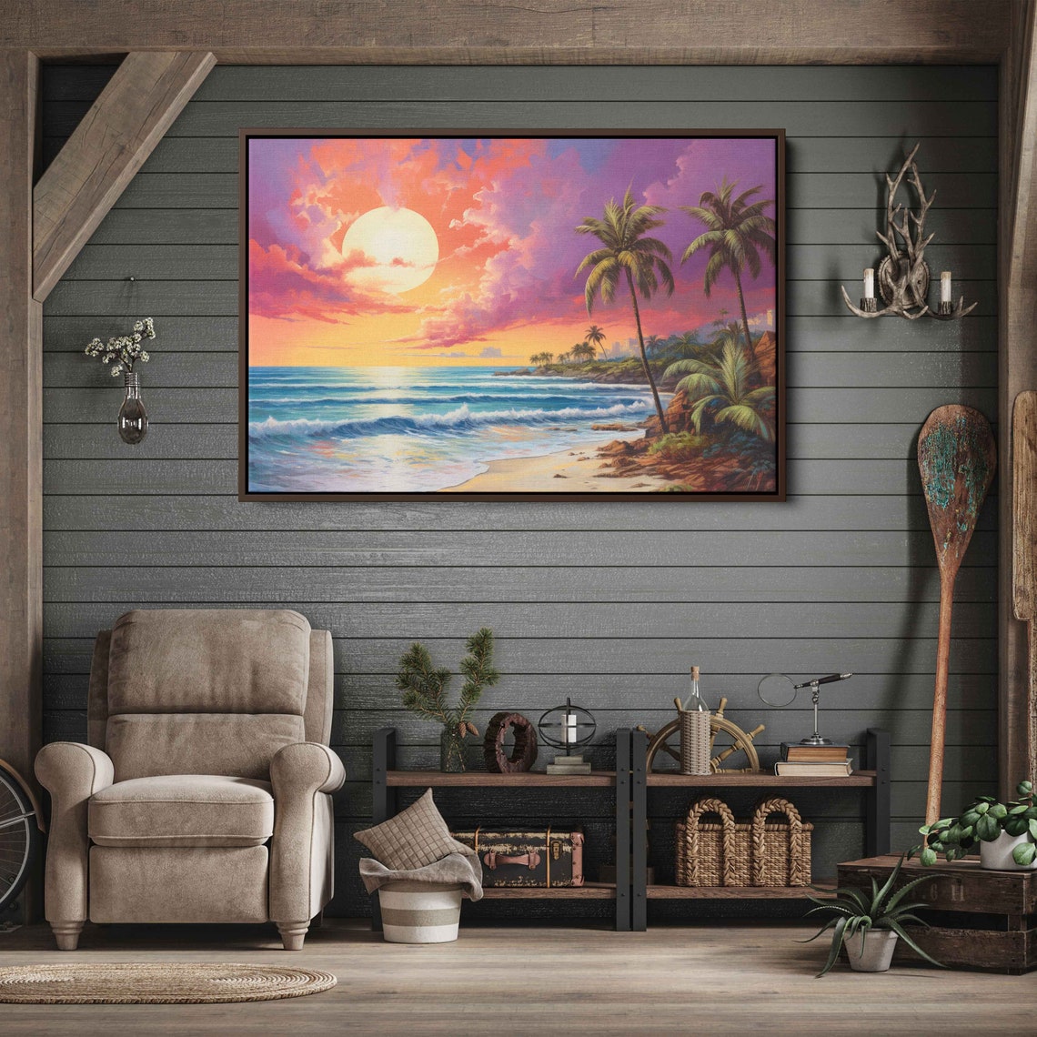 Sunset Tropical Beach Palms Huge Sun Pink Clouds Ocean Poster