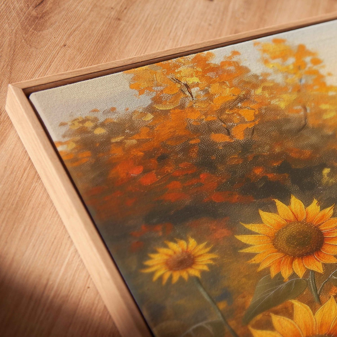 Sunflower Field With Autumn Trees Backdrop Golden Light Art Poster - Image 2