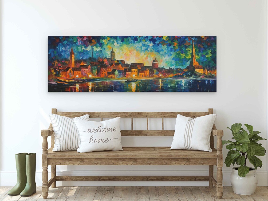 Old Town Night Lights Palette Knife River Glow Panoramic Painting Poster - Image 3