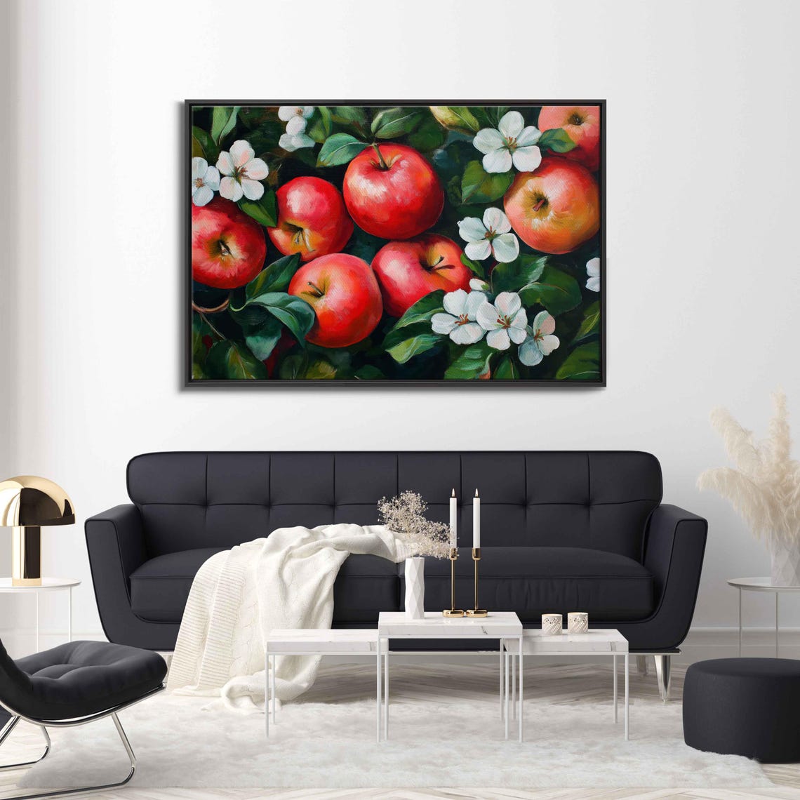 Glossy Red Apples White Blossoms Dark Leaves Orchard Art Print Poster